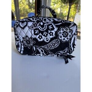 Vera Bradley Makeup Organizer Bag Large Black White Paisley Two Compartments Zip